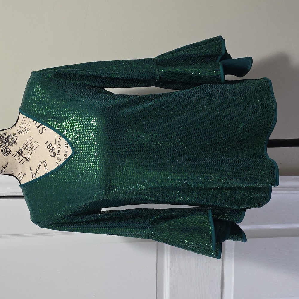 Vince Camuto Sequined V Neck Bell Sleeve Top, Shirt XS Green